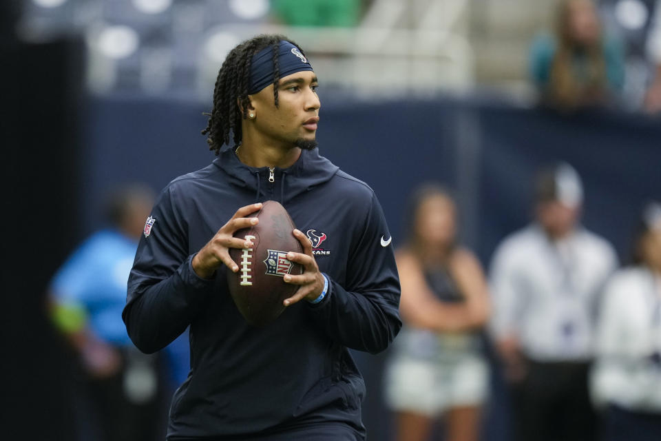 Houston Texans quarterback C.J. Stroud works out prior to an NFL preseason football game against the Miami Dolphins, Saturday, Aug. 19, 2023, in Houston. (AP Photo/Eric Christian Smith)