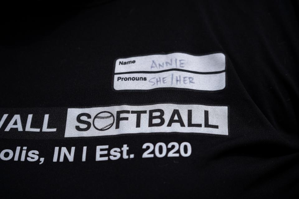 Annie Nelson and teammates wear their pronouns on their shirts as they play softball for the Bunts & Grunts softball team in the Stonewall Sports league, Sunday, July 31, 2022 at Chuck Klein Sports Complex. The inclusive organization, with a variety of sports, is for LGBTQ+ individuals and allies.