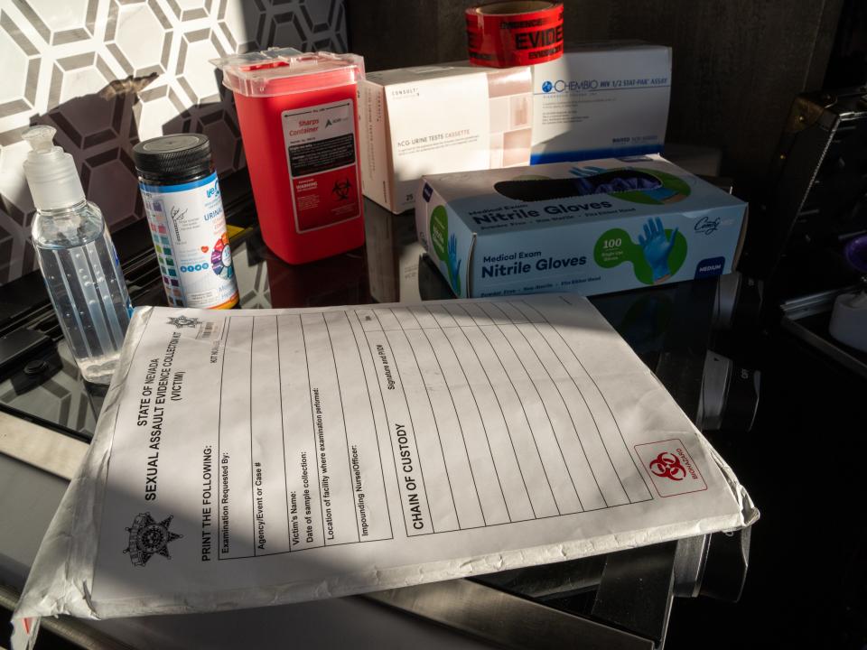 A State of Nevada sexual assault evidence collection kit and other supplies are seen in a mobile unit SANE nurse Norah Lusk and her sister-in-law created In April 2022.