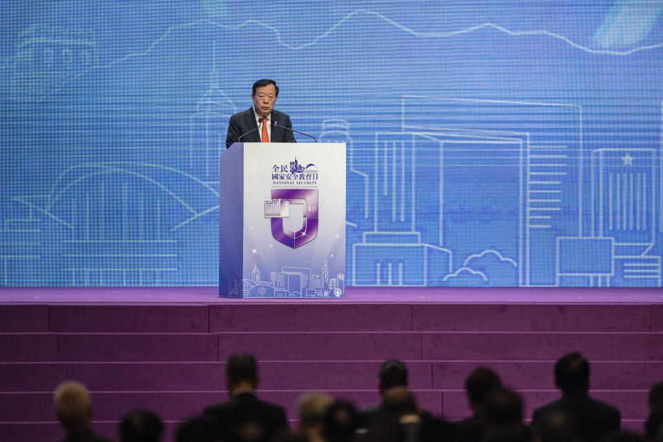 Xia Baolong, Director of the Hong Kong and Macau Affairs Office of the State Council, speaks during the National Security Education Day opening ceremony in Hong Kong in Hong Kong, Saturday, April 15, 2023. China’s senior official overseeing Hong Kong’s affairs said holding demonstrations is not the only way to express people’s views weeks after the city’s strict demonstration rules sparked controversies, signaling Beijing’s vision for the financial hub. (AP Photo/Louise Delmotte)