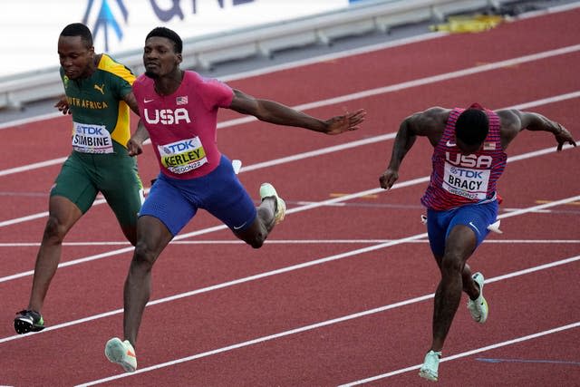 Fred Kerley, centre, led home a USA one, two, three in the final of the men's 100 metres