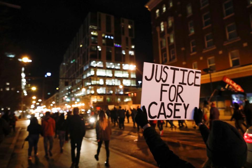 Protesters gathered on Dec. 11, 2020, outside of the Franklin County Sheriff's Office building in downtown Columbus calling for justice for Casey Goodson Jr., who was fatally shot by sheriff's SWAT deputy Jason Meade on Dec. 4, 2020.