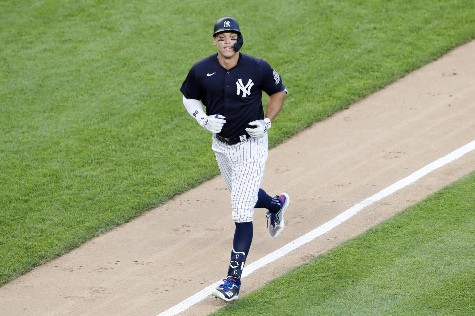 New York Yankees' Aaron Judge runs the bases after hitting a solo home run during the fifth inning of an exhibition baseball game against the Philadelphia Phillies, Monday, July 20, 2020, at Yankee Stadium in New York. (AP Photo/Kathy Willens)