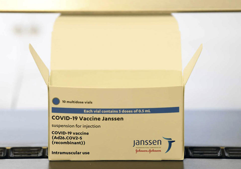 FILE - This March 29, 2021 file photo shows the Johnson & Johnson vaccine at the ASPEN Pharmaceuticals in Port Elizabeth, South Africa. Vaccine doses produced at the plant in South Africa will no longer be exported to Europe after the intervention of South Africa's government, the African Union's COVID-19 vaccine envoy said Thursday, Sept. 2, 2021. (AP Photo/File)