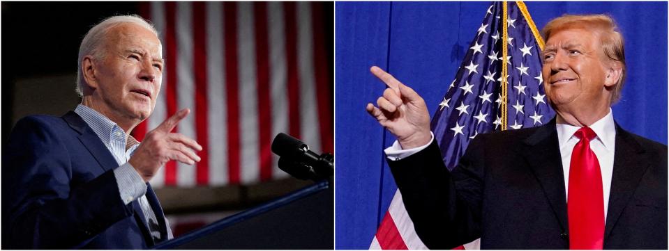 Combination photo of US President Joe Biden giving a speech about lowering costs for American families, in Las Vegas, Nevada, USA, March 19, 2024, and Republican presidential candidate and former US President Donald Trump taking the stage at a campaign rally in Atkinson, New Hampshire, USA, January 16, 2024. The two will face off in a debate on June 27, 2024.