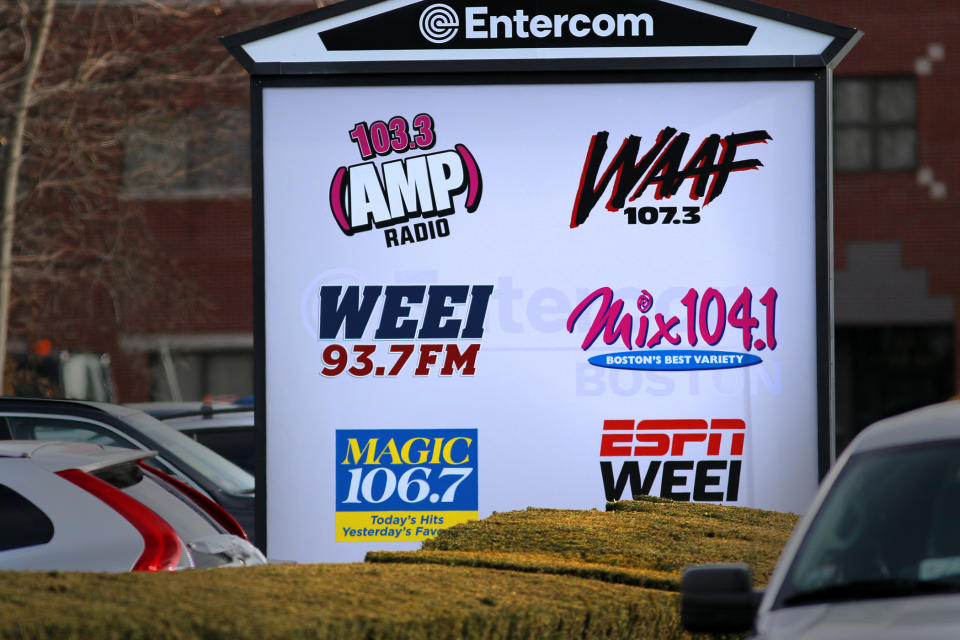 The sign outside the WEEI offices in the Brighton neighborhood of Boston is pictured on Dec. 13, 2018. (Photo by Lane Turner/The Boston Globe via Getty Images)