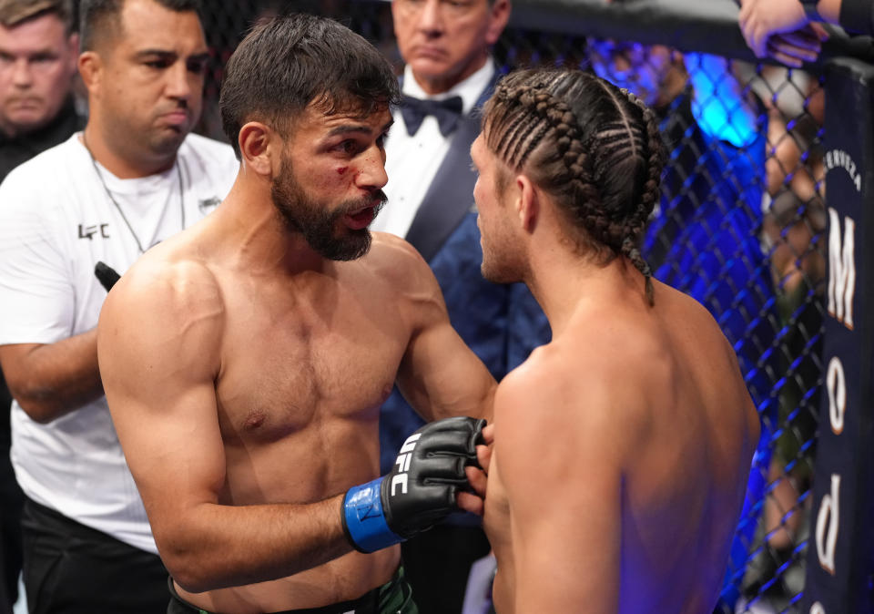 ELMONT, NEW YORK - JULY 16: (L-R) Yair Rodriguez of Mexico and Brian Ortega talk after their featherweight fight during the UFC Fight Night event at UBS Arena on July 16, 2022 in Elmont, New York. (Photo by Jeff Bottari/Zuffa LLC)