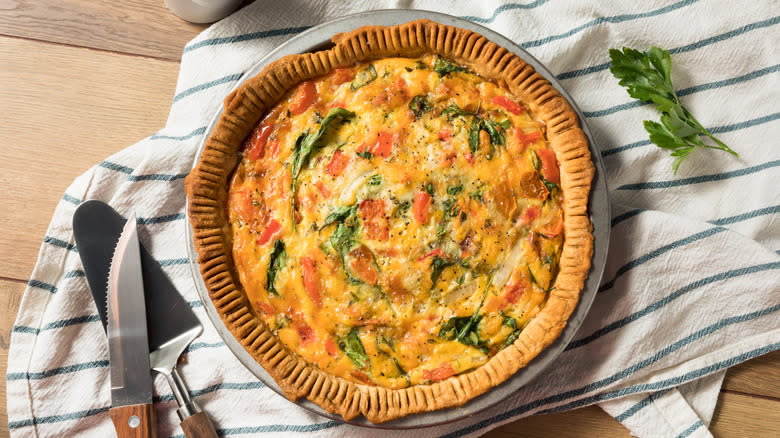 vegetable quiche on table cloth