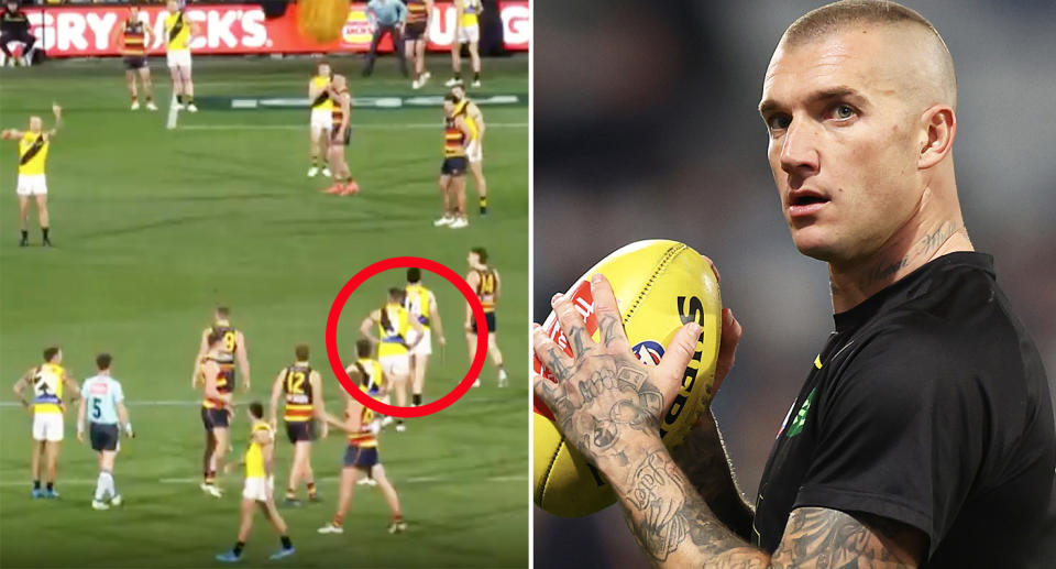 Dustin Martin, pictured here alongside Richmond and Adelaide players.