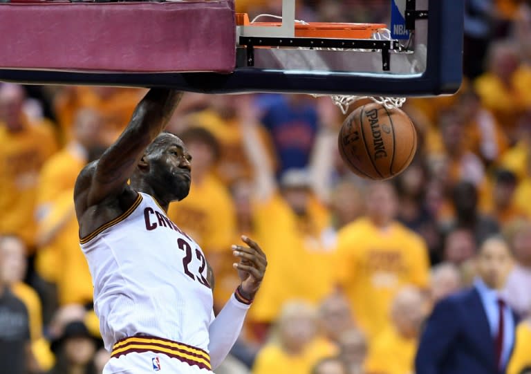 LeBron James of the Cleveland Cavaliers goes up for a dunk in the second quarter against the Toronto Raptors in game five of the Eastern Conference Finals during the 2016 NBA Playoffs at Quicken Loans Arena on May 25, 2016 in Cleveland, Ohio