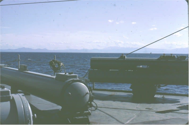 A 21-inch HWT tube mount on USS <em>Allen M. Sumner</em> (DD-692). During the FRAM II overhaul two Mk 25 tubes were installed on the O-1 Deck with one on each side angled forward at approximately a 45-degree angle. The tubes could be adapted to fire the Mk 37 Mod 0 torpedo. <em>DD-692.com with permission</em>