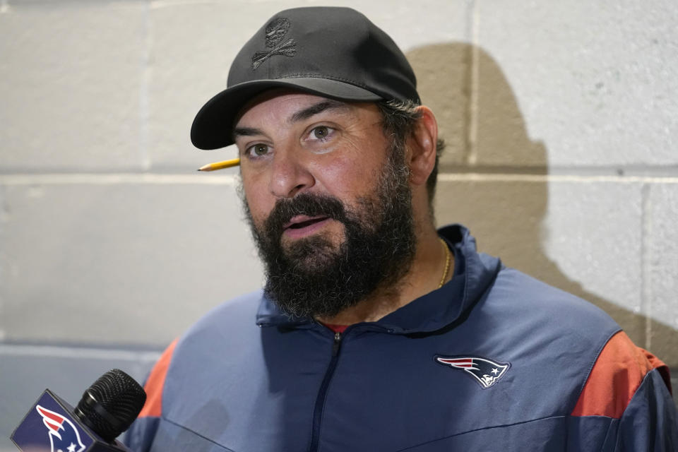 New England Patriots senior football advisor Matt Patricia faces reporters Monday, Aug. 29, 2022, at the NFL football team's stadium in Foxborough, Mass. (AP Photo/Steven Senne)