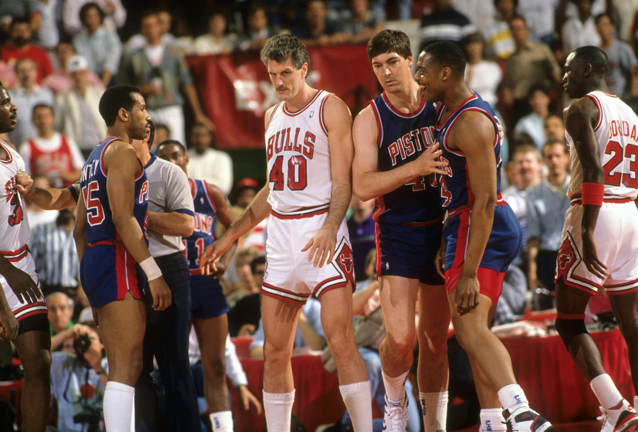 Basketball: NBA Playoffs: Detroit Pistons Rick Mahorn (44) with Bill Laimbeer (40) during confrontation vs Chicago Bulls Charles Oakley (34) at Chicago Stadium. Game 3. 
Chicago, IL 5/14/1988
CREDIT: Bill Smith (Photo by Bill Smith /Sports Illustrated via Getty Images)
(Set Number: X36562 TK1 R2 F6 )