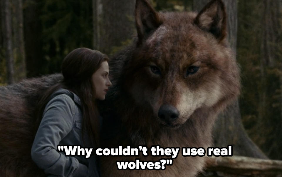 Jacob as a CGI wolf with Bella. Rob: Why couldn’t they use real wolves?