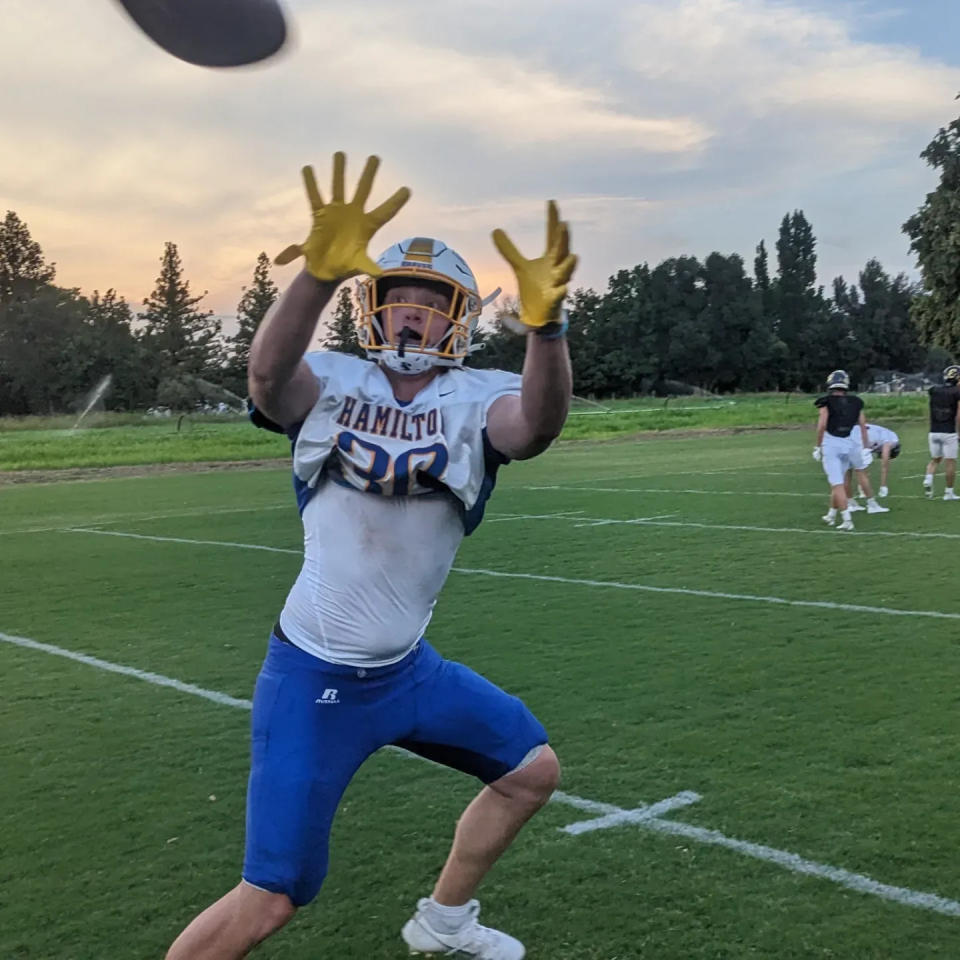 Hamilton graduate Conner Bonesio attempts to make a catch during practice at Shasta College for the 46th Lions All-Star game on Wednesday, June 14, 2023.