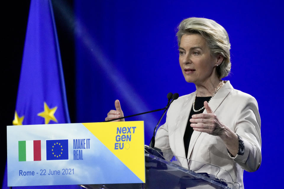 European Commission President Ursula meets the media during a joint news conference with Italian Premier Mario Draghi, at the Cinecitta' studios in Rome, Tuesday, June 22, 2021. (AP Photo/Andrew Medichini)