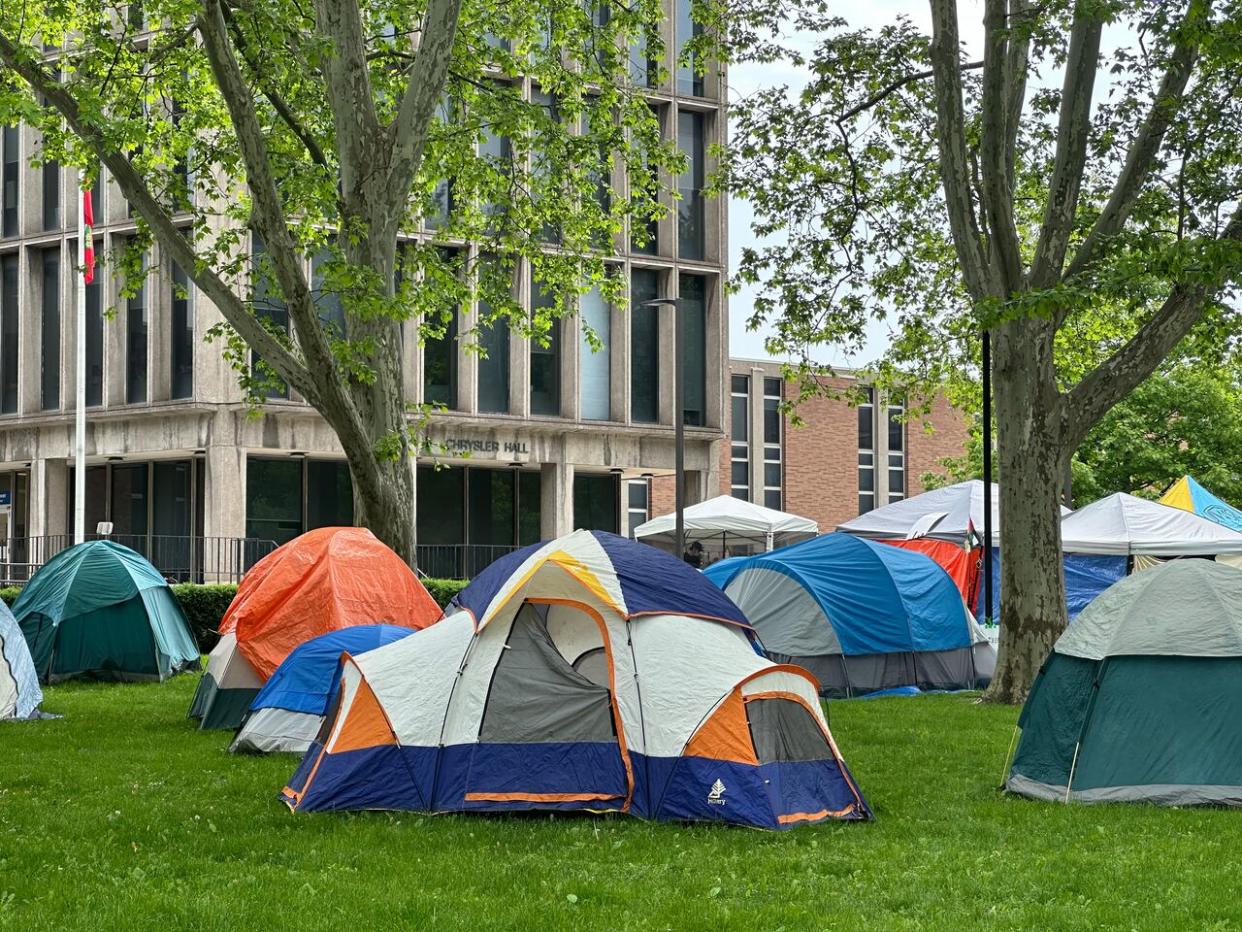 A pro-Palestinian encampment at the University of Windsor, Ont., started May 10.  (Jennifer La Grassa/CBC - image credit)
