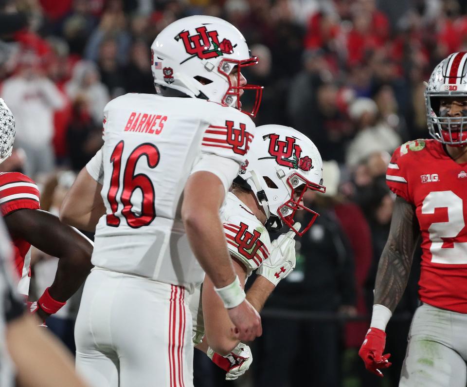 Utah Utes quarterback Bryson Barnes celebrates his touchdown throw to Utah tight end Dalton Kincaid during the Rose Bowl in Pasadena, Calif., on Saturday, Jan. 1, 2022. | Jeffrey D. Allred, Deseret News