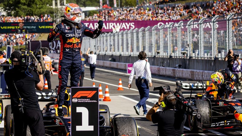 Max Verstappen (Red Bull Racing) cheers after winning the Hungarian Grand Prix at the Hungaroring.