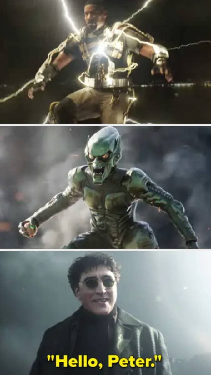 Electro being charged, The Green Goblin sailing in, and Doc Ock saying "Hello Peter"