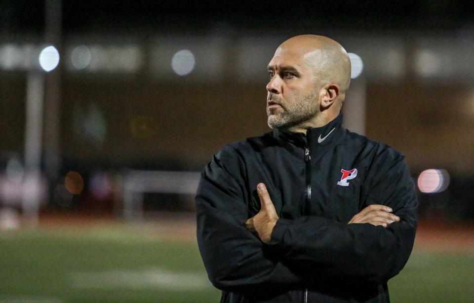 Parsippany's head coach Jason Hurta on the sidelines during the first half of a football game Boonton High School on October 18, 2019.