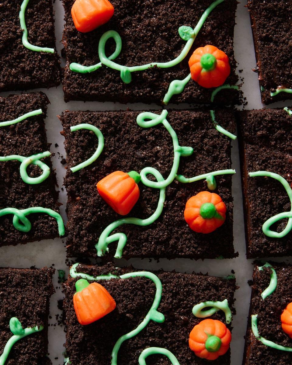 brownies with pumpkin candies and green icing