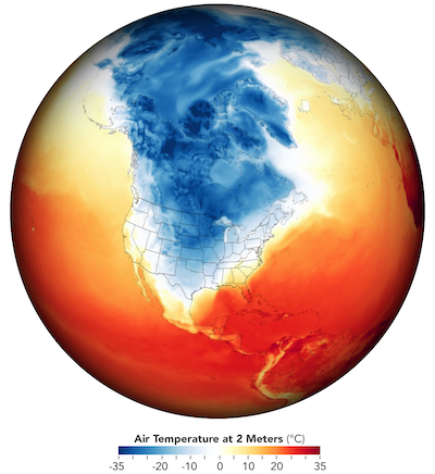 A potent arctic weather system chilled much of the U.S. in February 2021. Many scientists believe climate change contributes to such events by altering atmospheric circulation patterns. <a href="https://eoimages.gsfc.nasa.gov/images/imagerecords/147000/147941/northamerica_geos5_2021046_lrg.png" rel="nofollow noopener" target="_blank" data-ylk="slk:NASA Earth Observatory;elm:context_link;itc:0;sec:content-canvas" class="link ">NASA Earth Observatory</a>