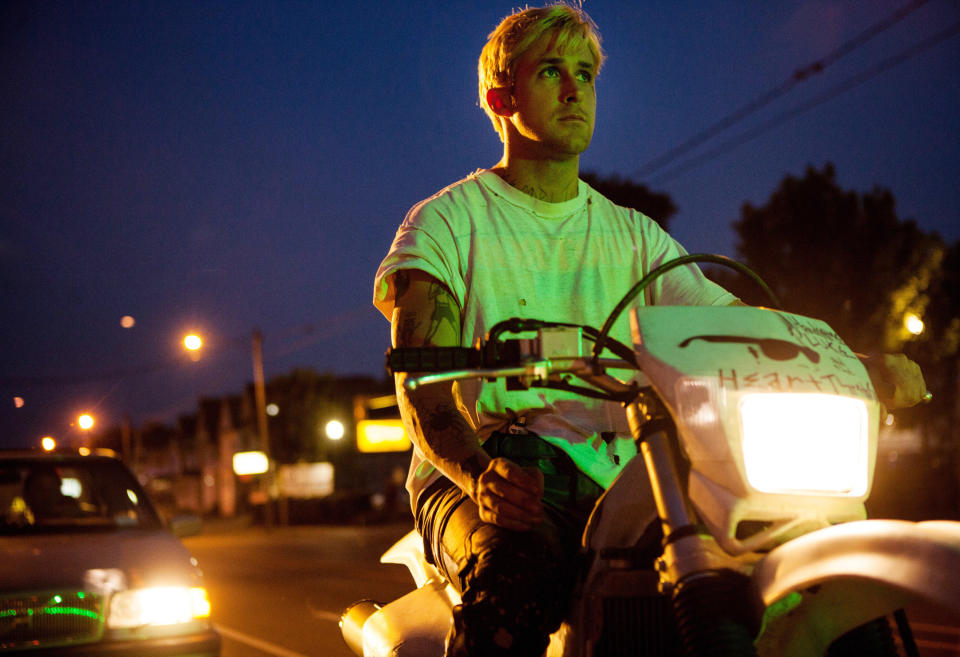 Ryan Gosling's character rides a motorcycle