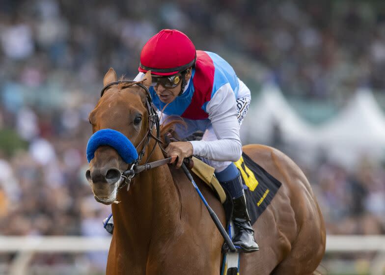 In this image provided by Benoit Photo, Taiba, with Mike Smith aboard, wins the Grade I $300,000 Runhappy Malibu Stakes horse race Monday, Dec. 26, 2022, on opening day at Santa Anita Park in Arcadia, Calif. The victory gave trainer Bob Baffert his fifth win on the day. (Benoit Photo via AP)