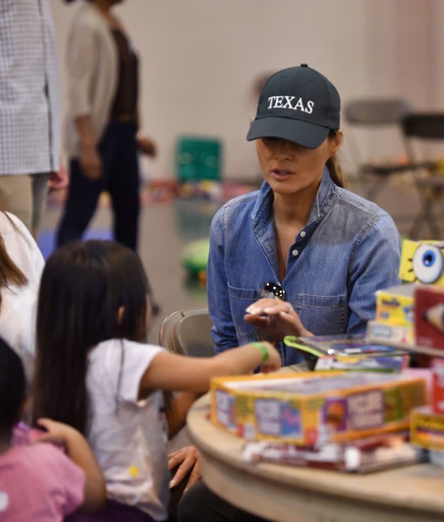 <p>This was actually the <a href="https://www.popsugar.com/fashion/Melania-Trump-Texas-Hat-43969730" rel="nofollow noopener" target="_blank" data-ylk="slk:second embroidered cap;elm:context_link;itc:0;sec:content-canvas" class="link ">second embroidered cap</a> Trump wore during her post-Harvey visit to Texas.</p>