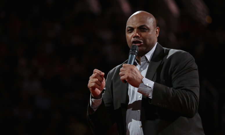 Charles Barkley speaking during halftime of an NBA game.