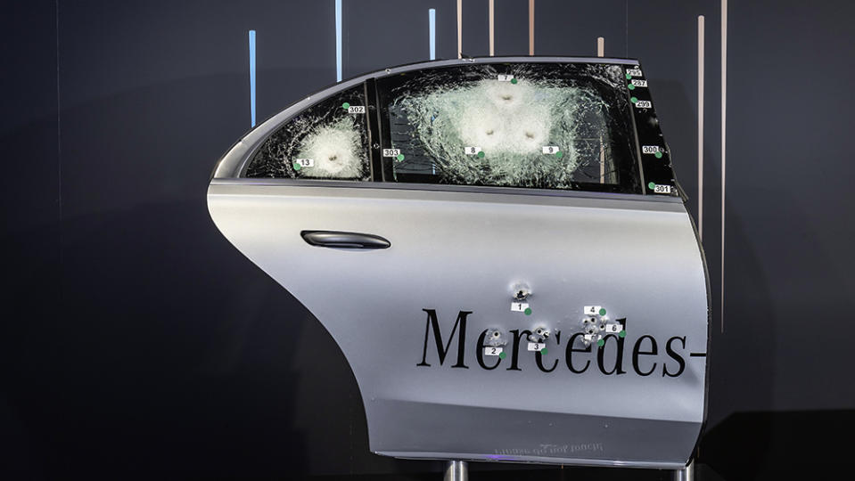 During tests, the new S-Class Guard held up to fire from an assault rifle using armor-piercing ammunition. - Credit: Mercedes-Benz