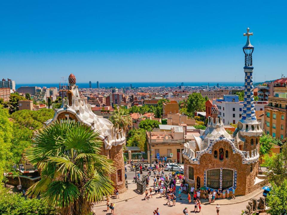 Toursts visit Park Guell in Barcelona, Spain.