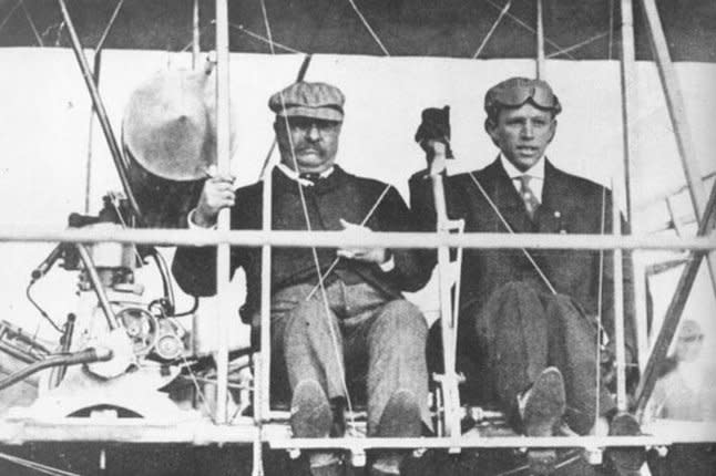 In this October 11, 1910, file photo Col. Theodore Roosevelt takes off from Aviation Field in St. Louis with pilot Arch Hoxsey. Roosevelt described the trip as, "the bulliest experience I ever had." UPI File Photo
