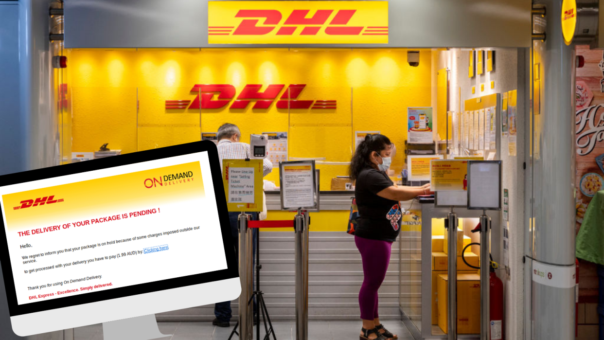 MailGuard has intercepted a message that looks like it's from DHL asking recipients to pay up to receive a package. (Source: Getty, MailGuard)