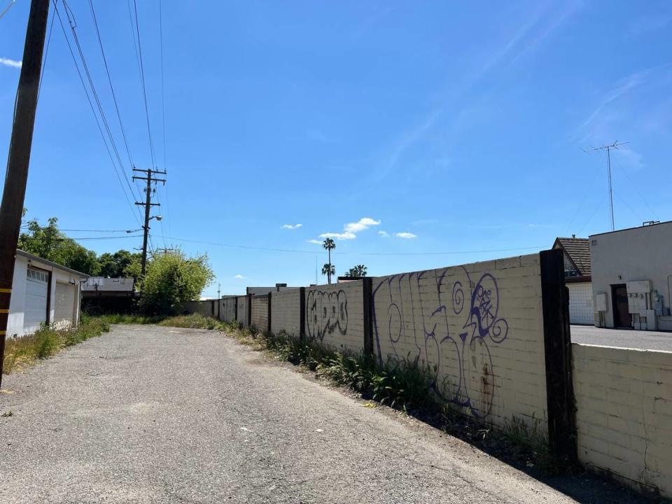 Graffiti is seen on a shared fence on West Roseburg Avenue in northwest Modesto on Tuesday, April 16.