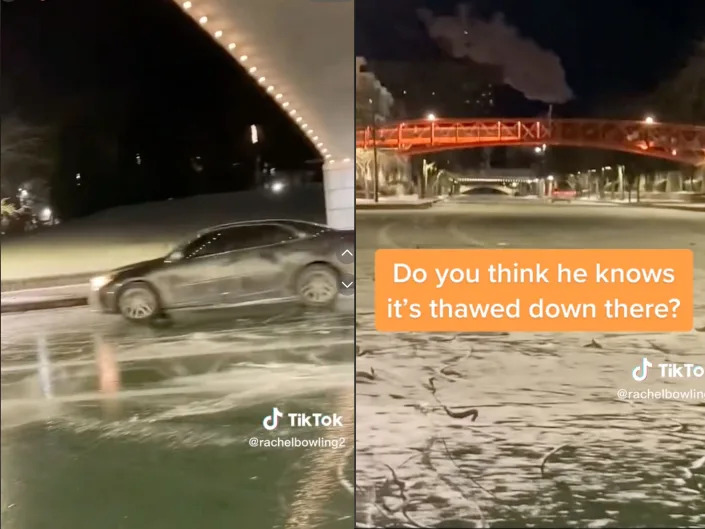 composite image of screenshot's taken of @rachelbowling2's tiktok showing a car appearing to drive on a frozen canal