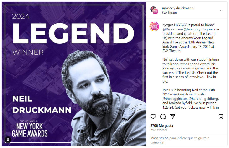 Neil Druckmann recibirá el Andrew Yoon Legend Award