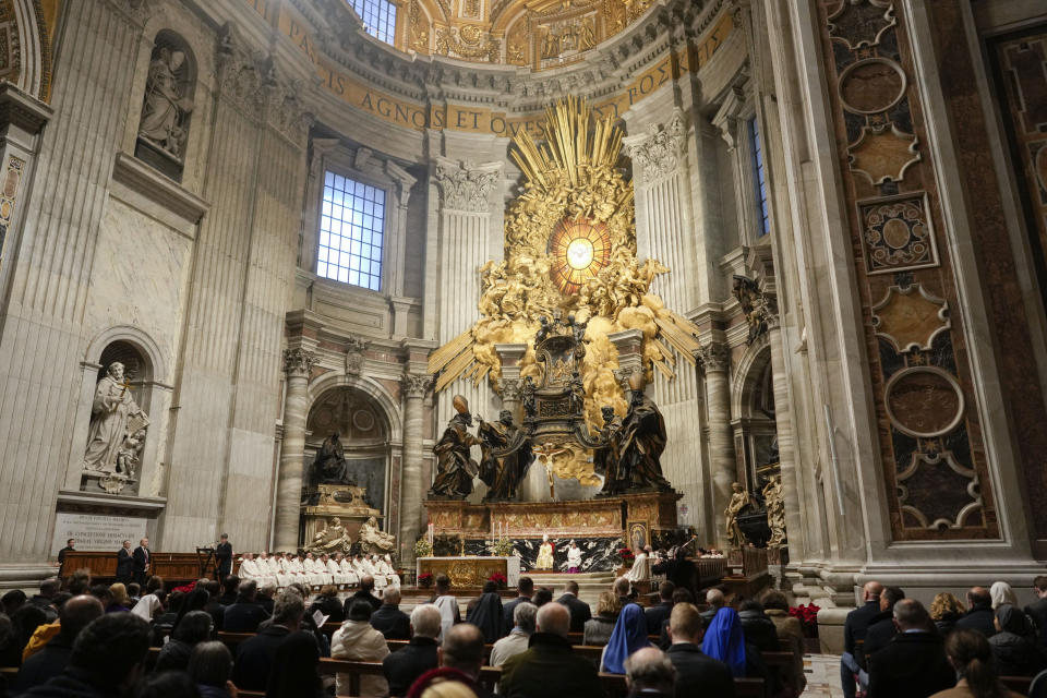 Secretary of former Pope Benedict XVI, Archbishop Georg Gaenswein holds a mass to mark a one year anniversary of the death of Pope Benedict, in St. Peter's Basilica, the Vatican, Sunday, Dec. 31, 2023. Gaenswein has been the former private secretary to Pope Benedict XVI for many years until his death on Dec. 31, 2022. (AP Photo/Andrew Medichini)