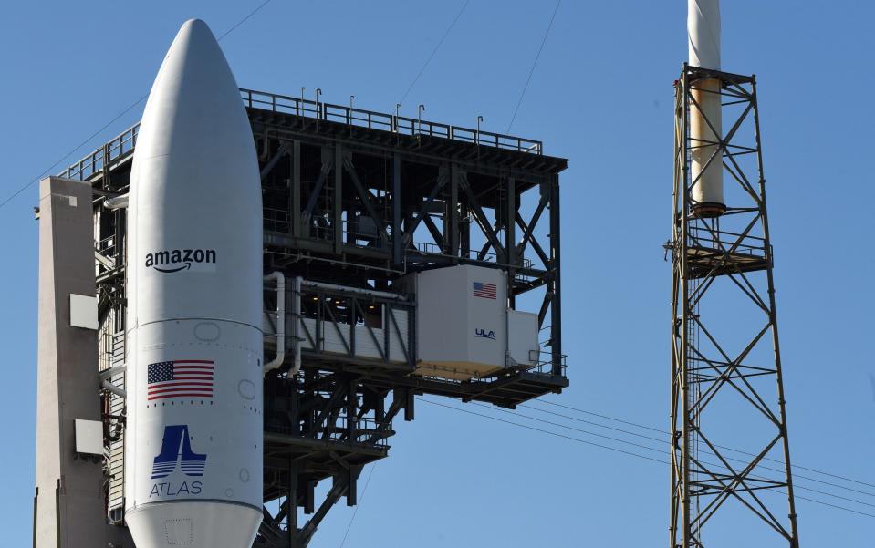 A United Launch Alliance Atlas V rocket carrying the first two demonstration satellites for Amazon's Project Kuiper broadband internet constellation