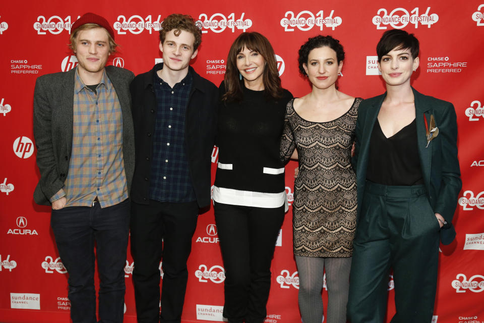 Writer and director Kate Barker-Froyland, second right, poses with cast members, from left, Johnny Flynn, Ben Rosenfield, Mary Steenburgen and Anne Hathaway at the premiere of the film "Song One" during the 2014 Sundance Film Festival, on Monday, Jan. 20, 2014, in Park City, Utah. (Photo by Danny Moloshok/Invision/AP)