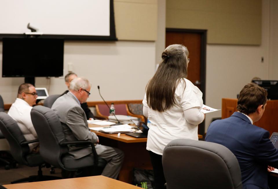 Deborah Elkins, the mother of Aaron "Joshua" Hampton, gives a victims impact statement to the court during the sentencing of Luis Perez, 27, for the murder her son Aaron Hampton and two others in 2018. Perez was sentenced to five consecutive life sentences.