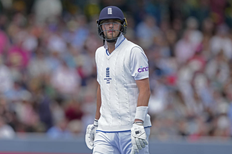 England's Ollie Robinson walks off the field after losing his wicket during the fifth day of the second Ashes Test match between England and Australia, at Lord's cricket ground in London, Sunday, July 2, 2023. (AP Photo/Kirsty Wigglesworth)