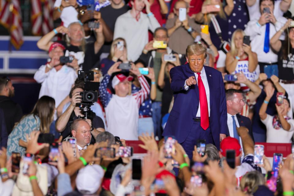 Former President Donald Trump speaks during a rally at Ted Hendricks Stadium at Henry Milander Park in Hialeah, Florida, Wednesday, November 8, 2023.