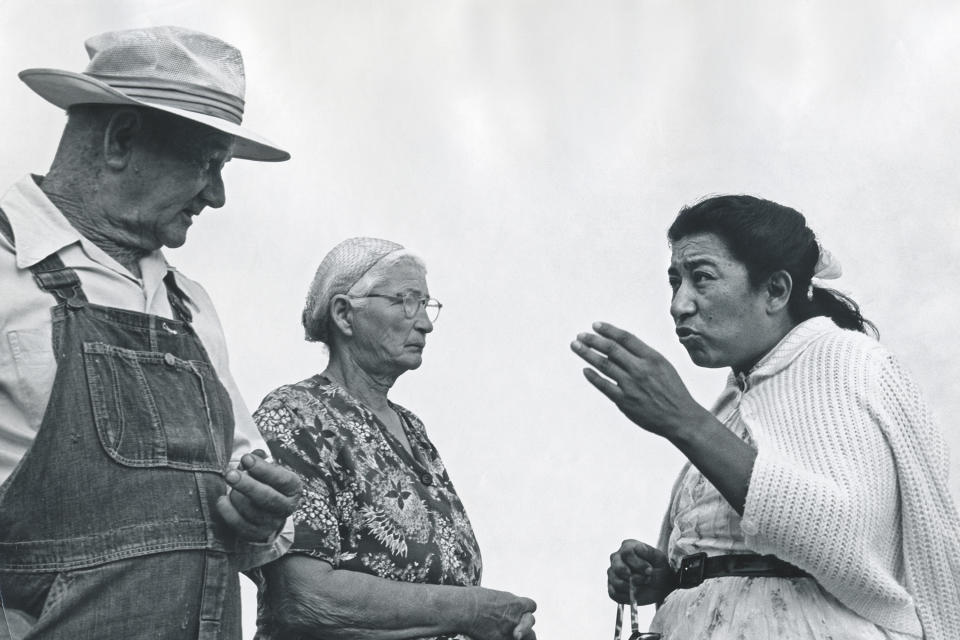 In this undated photo, labor leader Maria Moreno speaks with migrant farmworkers in rural California. A new film dives into the mystery around the Mexican American labor leader who organized farmworkers years before Cesar Chavez and Dolores Huerta and then disappeared from the public eye. (George Ballis/Take Stock via AP)