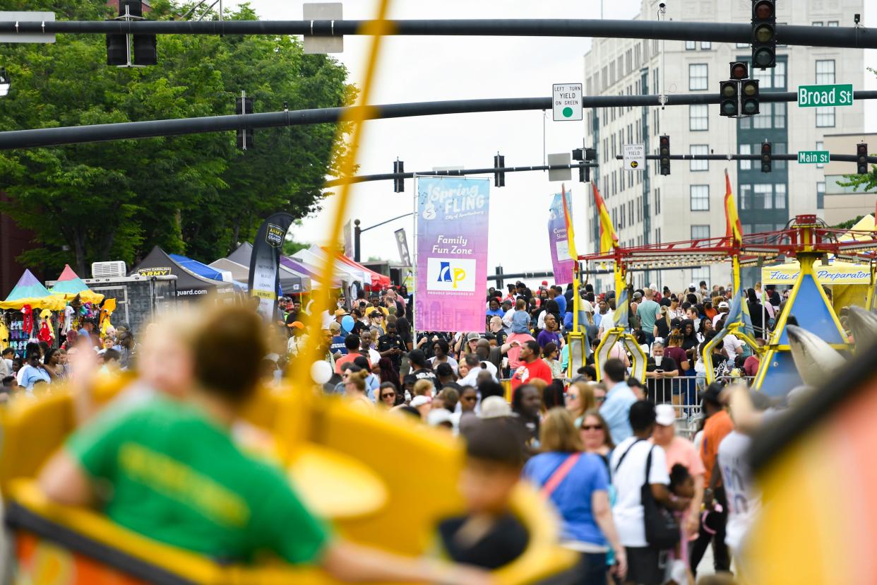 People fill the streets of downtown Spartanburg during the Spring Fling festival on Saturday, April 29, 2023.