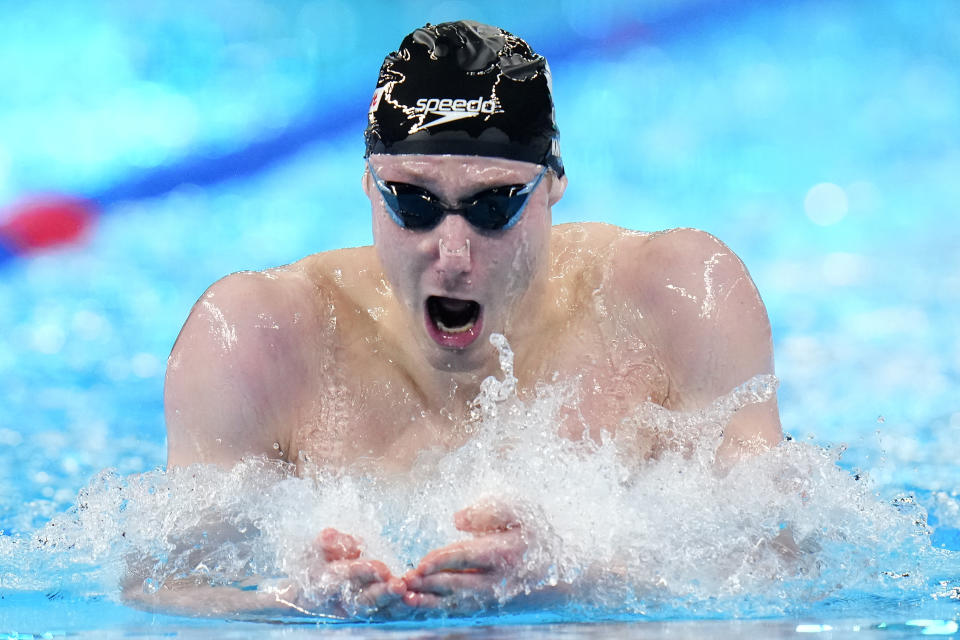 Finlay Knox of Canada competes in the men's 200-meter medley final at the World Aquatics Championships in Doha, Qatar, Thursday, Feb. 15, 2024. (AP Photo/Hassan Ammar)