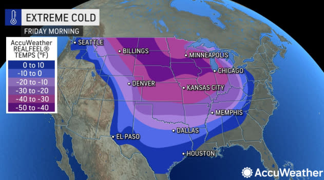 Extreme cold temperatures are expected across much of the United States on Friday. (Image: AccuWeather)