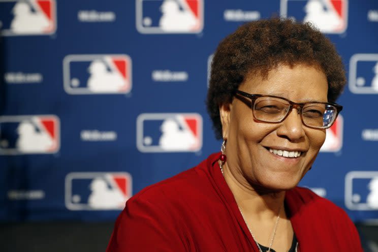 Claire Smith, ESPN's news editor of remote productions, poses during Major League Baseball's winter meetings, Tuesday, Dec. 6, 2016 in Oxon Hill, Md. Smith is the first woman to win the J.G. Taylor Spink Award for meritorious contributions to baseball writing and will be honored during the Hall of Fame's induction weekend next July in Cooperstown, New York. (AP Photo/Alex Brandon)