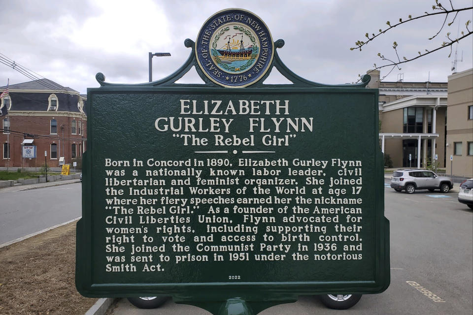 A historical marker dedicated to Elizabeth Gurley Flynn stands in Concord, New Hampshire, May 5, 2023. She was born in the city and became a labor activist who later joined the Communist Party and was sent to prison. New Hampshire Gov. Chris Sununu is calling for a review of the state's historical marker program after two government officials objected to Flynn's marker. (Kathy McCormack via AP)